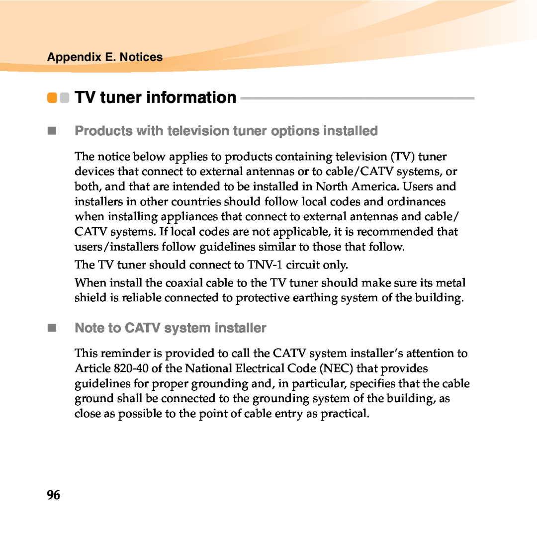 Lenovo 06472BU TV tuner information, „ Products with television tuner options installed, „ Note to CATV system installer 