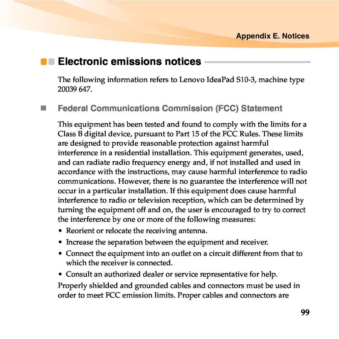 Lenovo 06472BU manual Electronic emissions notices, „ Federal Communications Commission FCC Statement, Appendix E. Notices 
