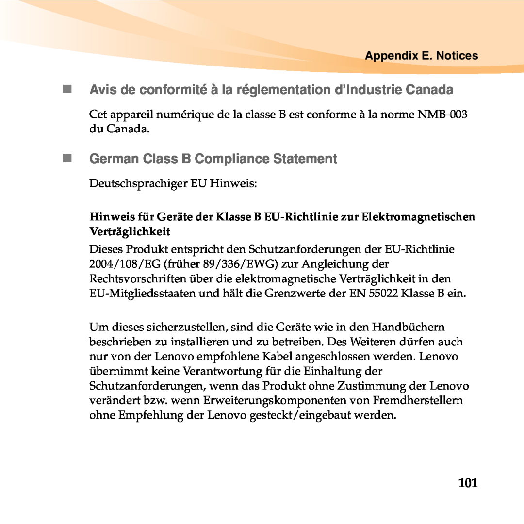 Lenovo 06472BU manual „ Avis de conformité à la réglementation d’Industrie Canada, „ German Class B Compliance Statement 