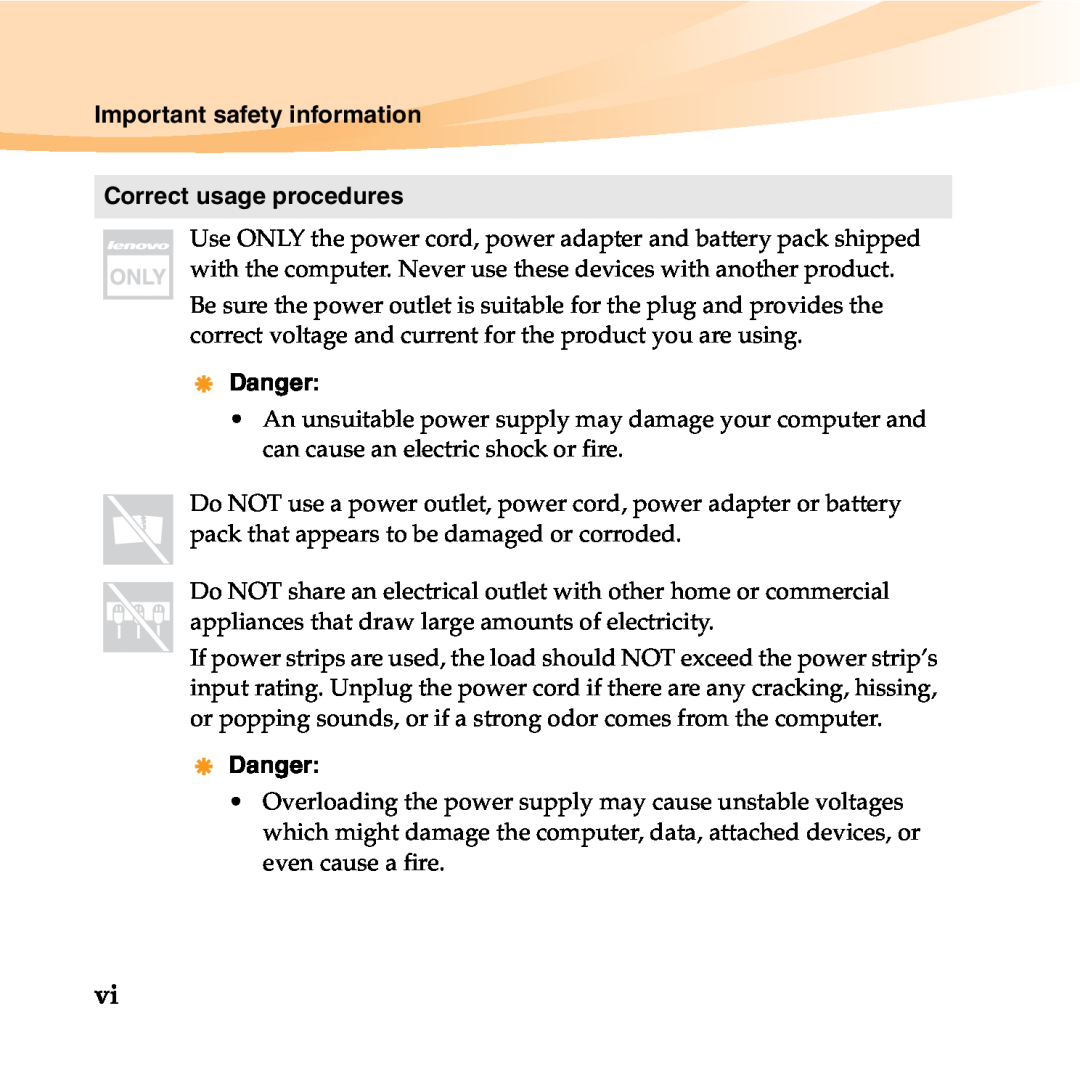 Lenovo 06472BU manual Important safety information, Correct usage procedures, Danger 