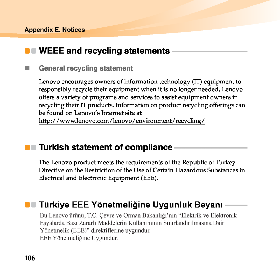 Lenovo 06472BU Türkiye EEE Yönetmeliğine Uygunluk Beyanı, WEEE and recycling statements, Turkish statement of compliance 