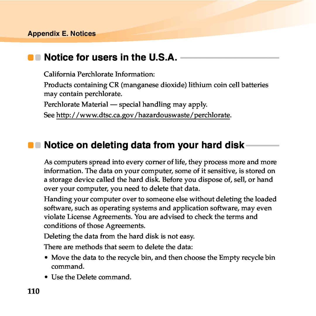 Lenovo 06472BU manual Notice on deleting data from your hard disk, Notice for users in the U.S.A, Appendix E. Notices 
