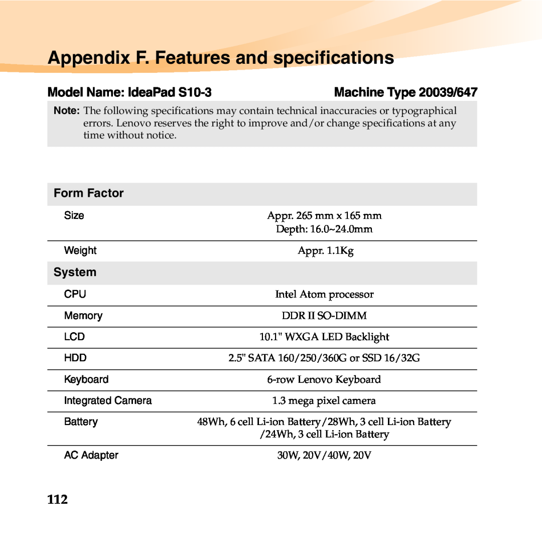 Lenovo 06472BU manual Appendix F. Features and specifications, Model Name IdeaPad S10-3, Form Factor, System 