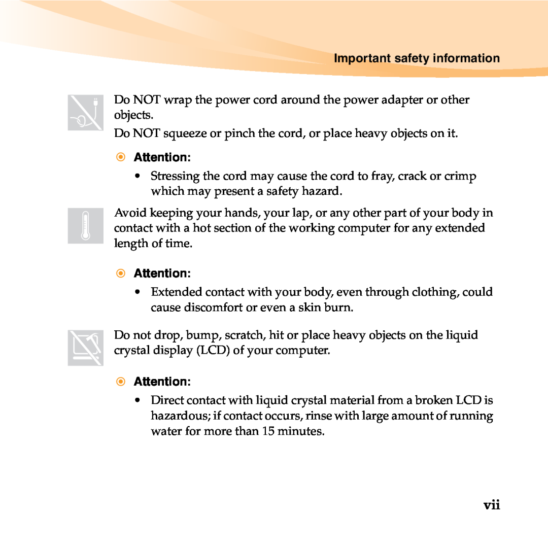Lenovo 06472BU manual Important safety information, Do NOT wrap the power cord around the power adapter or other objects 