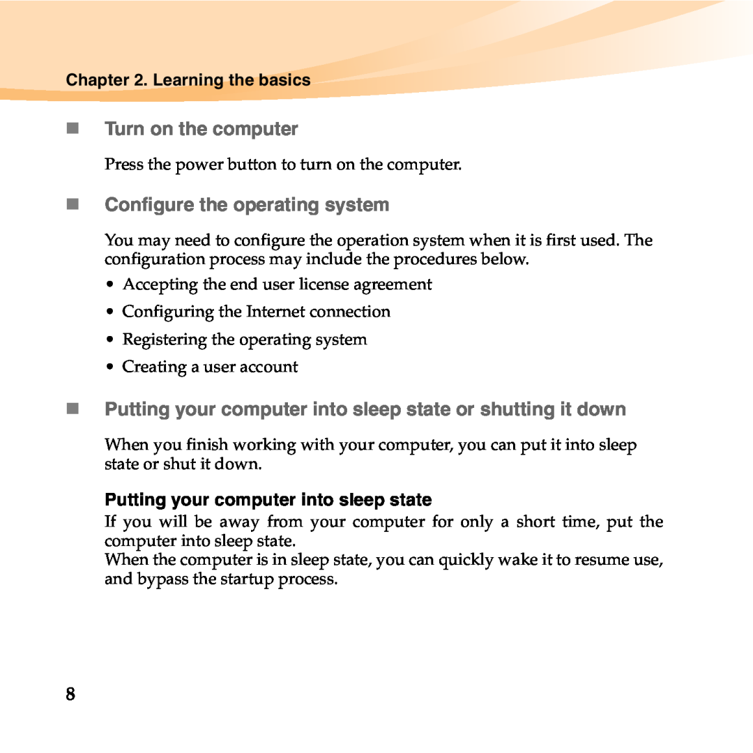Lenovo 06472BU manual „ Turn on the computer, „ Configure the operating system, Learning the basics 