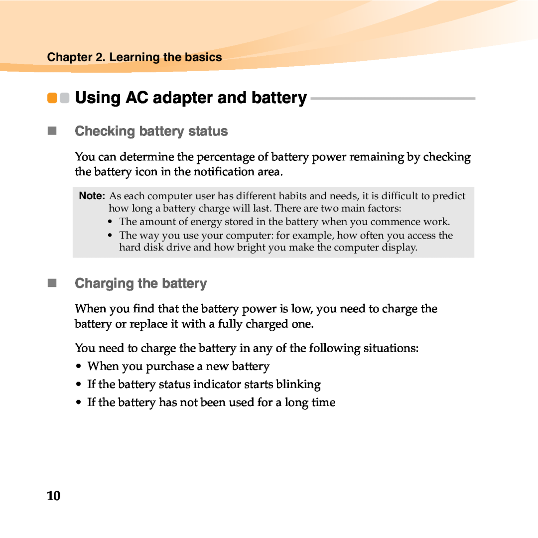 Lenovo 06472BU manual Using AC adapter and battery, „ Checking battery status, „ Charging the battery, Learning the basics 