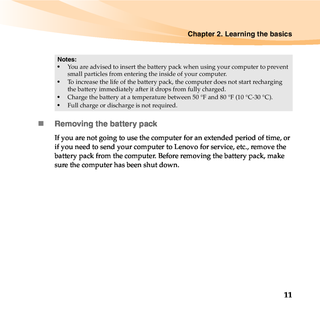 Lenovo 06472BU manual „ Removing the battery pack, Learning the basics 