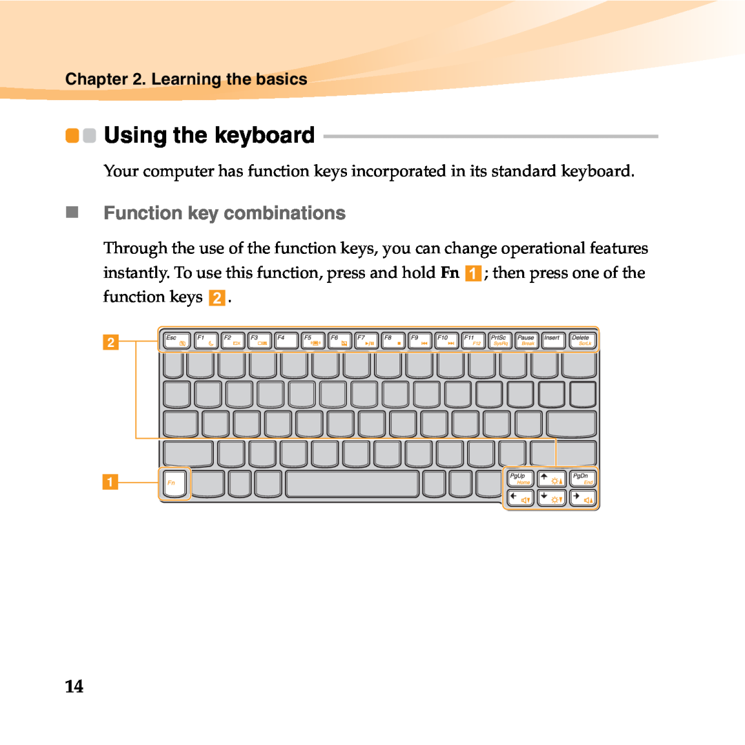 Lenovo 06472BU manual Using the keyboard, „ Function key combinations, Learning the basics 
