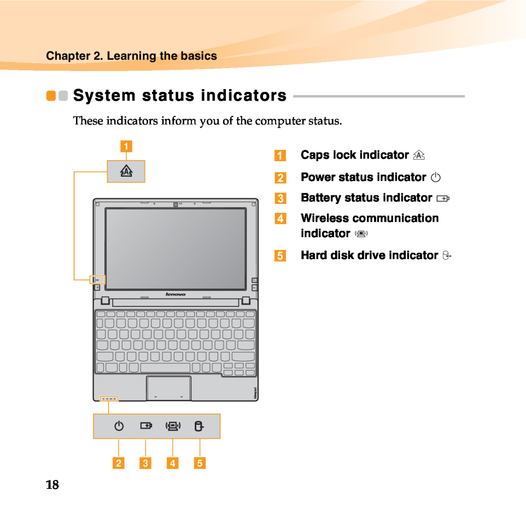 Lenovo 06472BU manual System status indicators, Learning the basics, Hard disk drive indicator, b c d e 