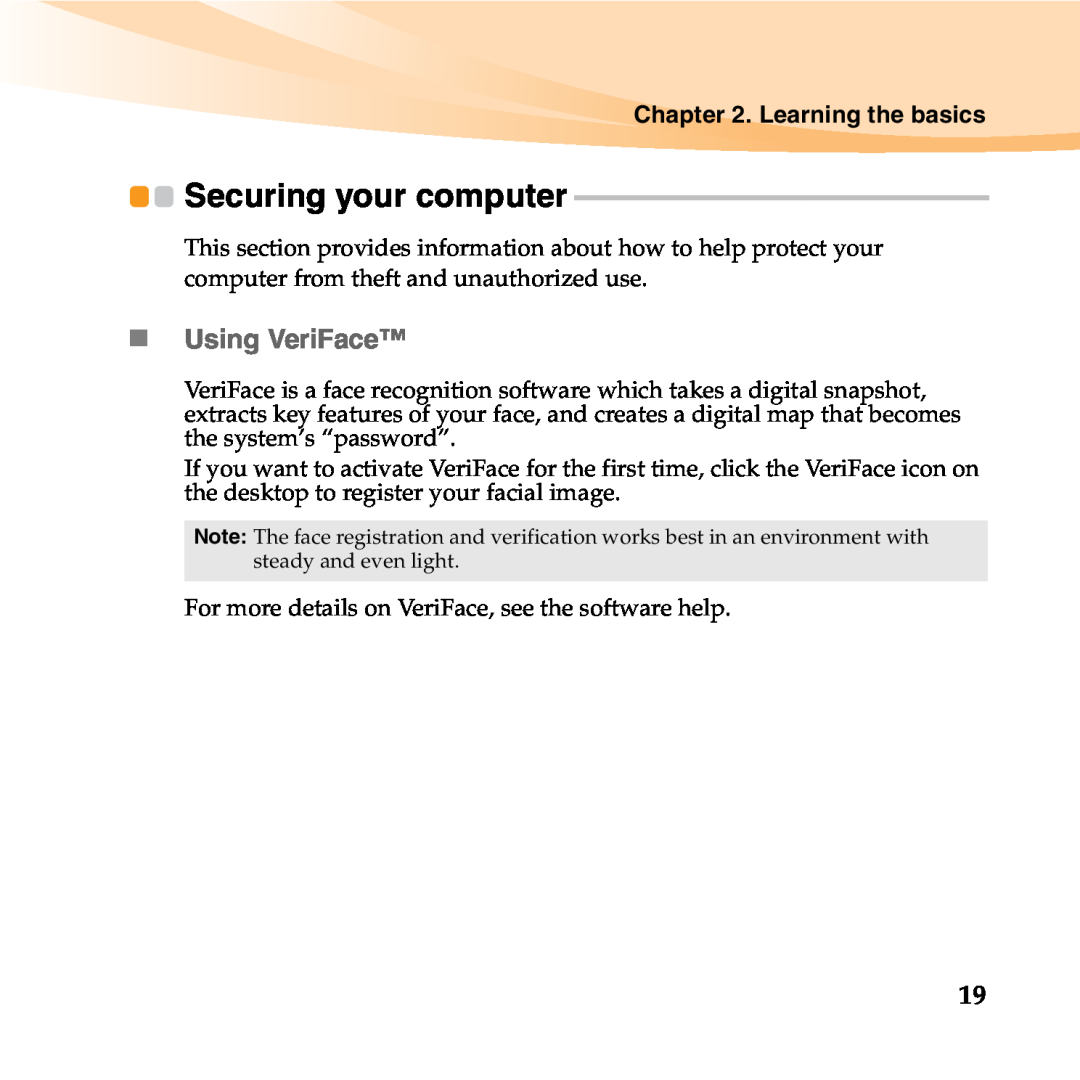 Lenovo 06472BU manual Securing your computer, „ Using VeriFace, Learning the basics 