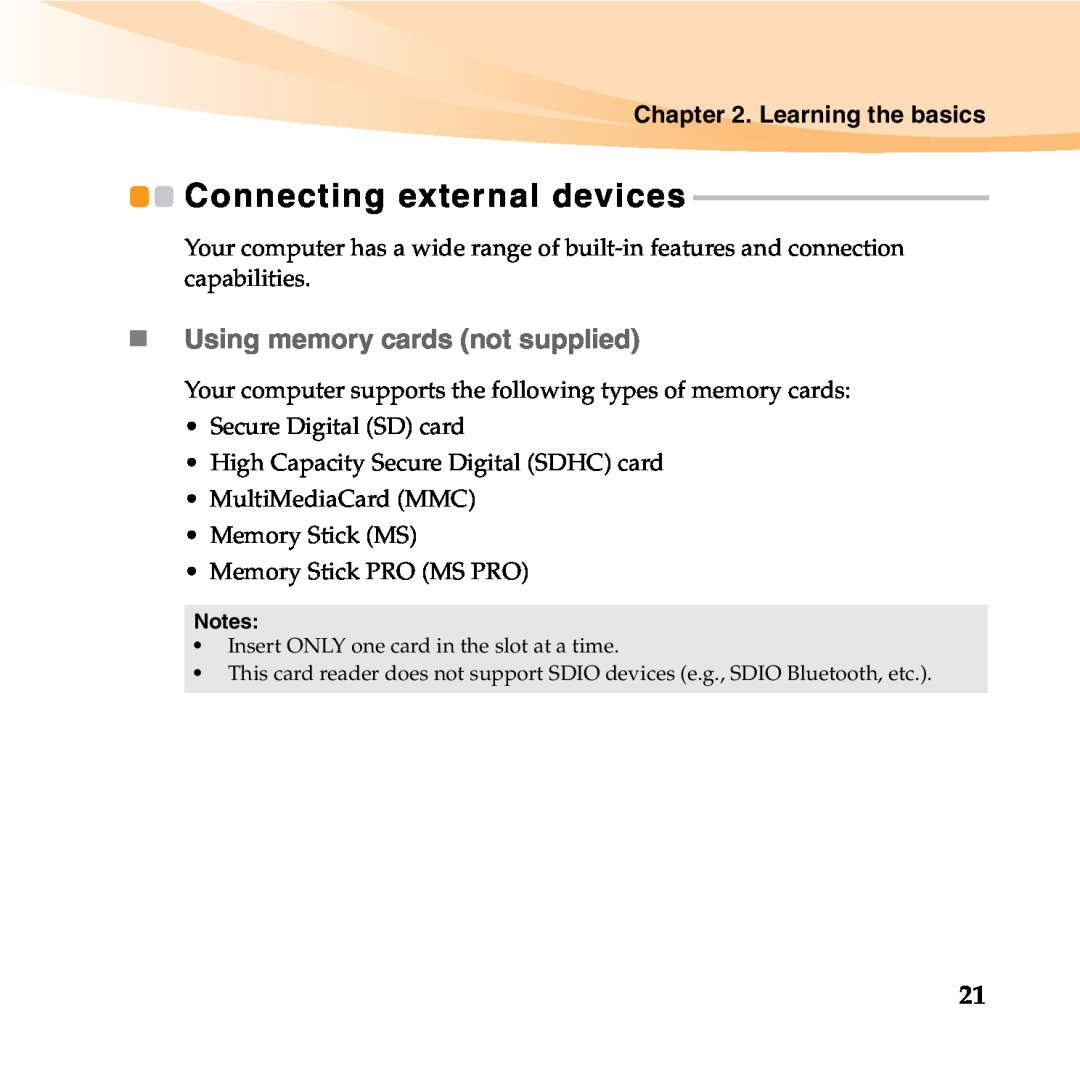 Lenovo 06472BU manual Connecting external devices, „ Using memory cards not supplied, Learning the basics 