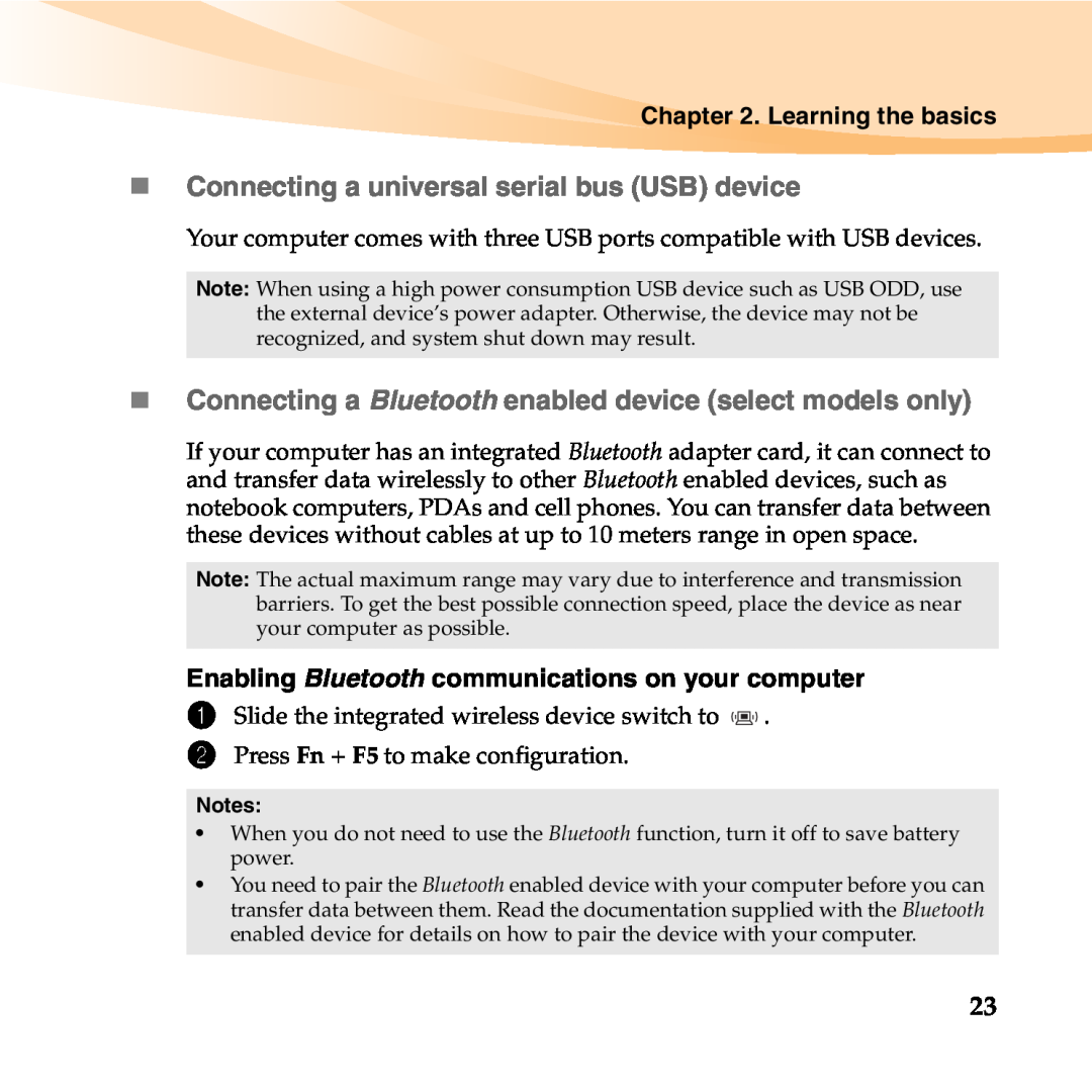 Lenovo 06472BU „ Connecting a universal serial bus USB device, „ Connecting a Bluetooth enabled device select models only 