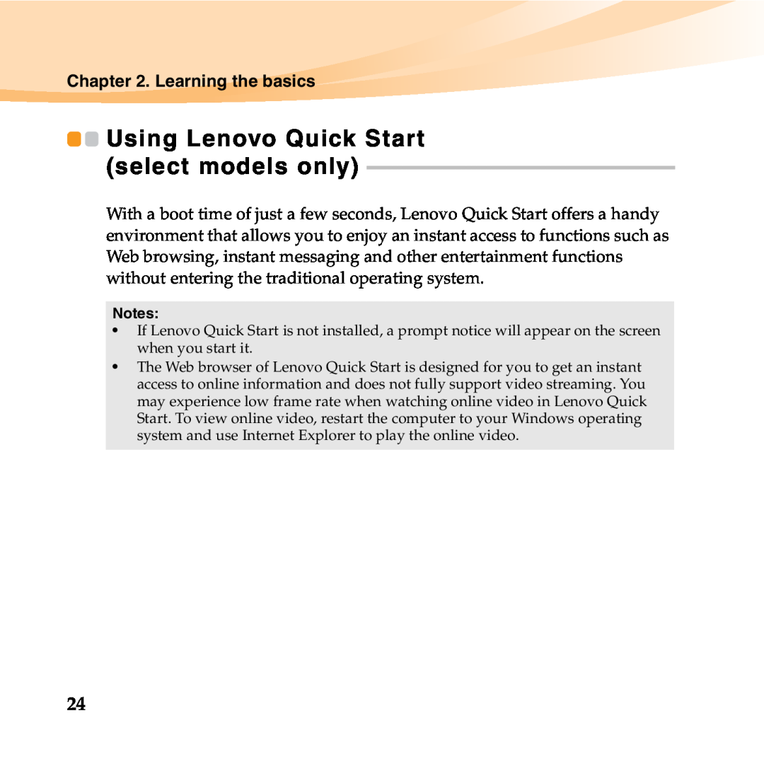 Lenovo 06472BU manual Using Lenovo Quick Start, select models only, Learning the basics 