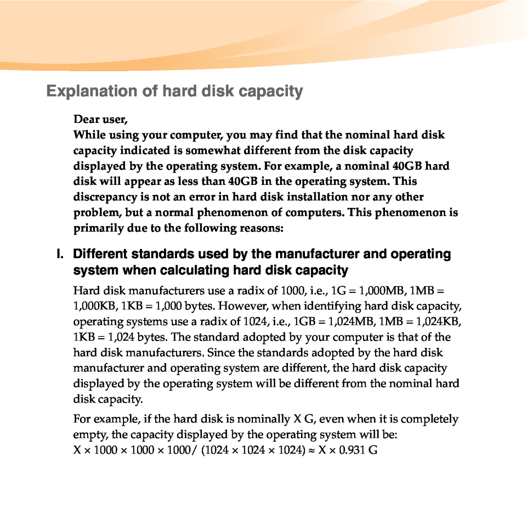 Lenovo 06472BU manual Explanation of hard disk capacity 