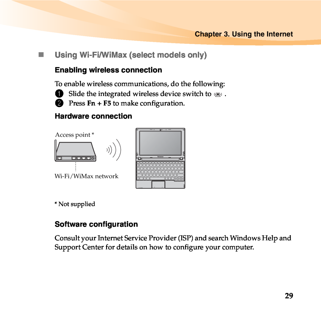Lenovo 06472BU manual „ Using Wi-Fi/WiMax select models only, Using the Internet, Enabling wireless connection 
