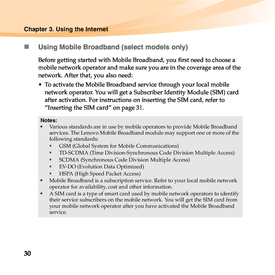 Lenovo 06472BU manual „ Using Mobile Broadband select models only, Using the Internet 