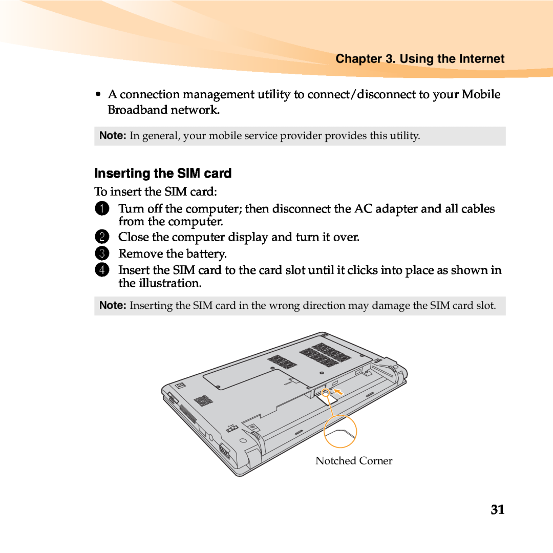 Lenovo 06472BU manual Using the Internet, Inserting the SIM card, To insert the SIM card 