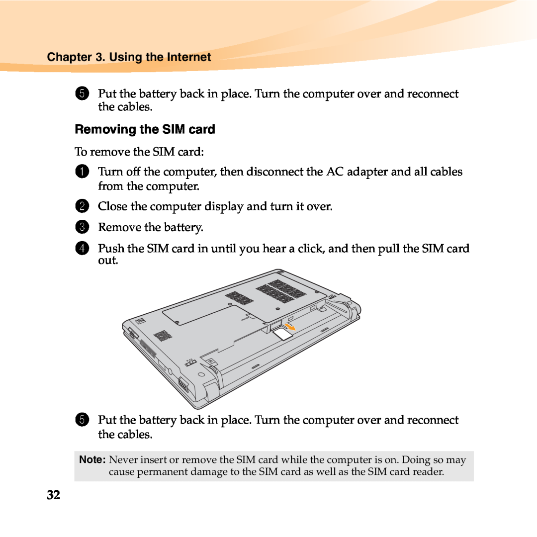 Lenovo 06472BU manual Using the Internet, Removing the SIM card 