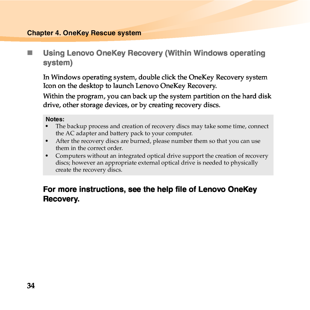 Lenovo 06472BU manual „ Using Lenovo OneKey Recovery Within Windows operating system, OneKey Rescue system 