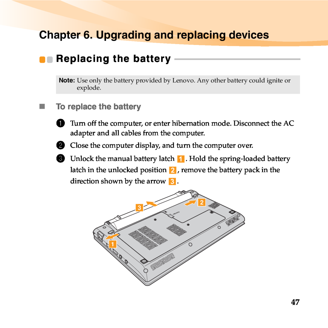 Lenovo 06472BU manual Upgrading and replacing devices, Replacing the battery, „ To replace the battery 
