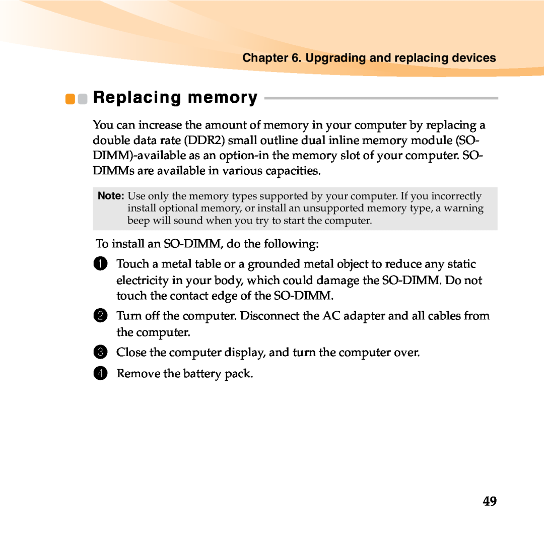 Lenovo 06472BU manual Replacing memory, Upgrading and replacing devices 