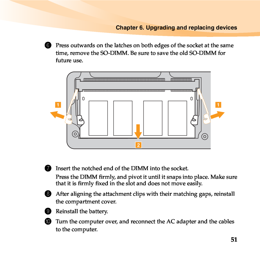 Lenovo 06472BU manual Upgrading and replacing devices, Insert the notched end of the DIMM into the socket 