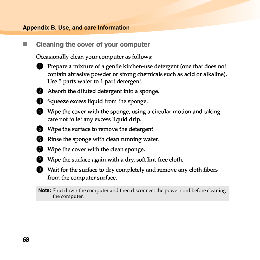 Lenovo 06472BU manual „ Cleaning the cover of your computer, Appendix B. Use, and care Information 