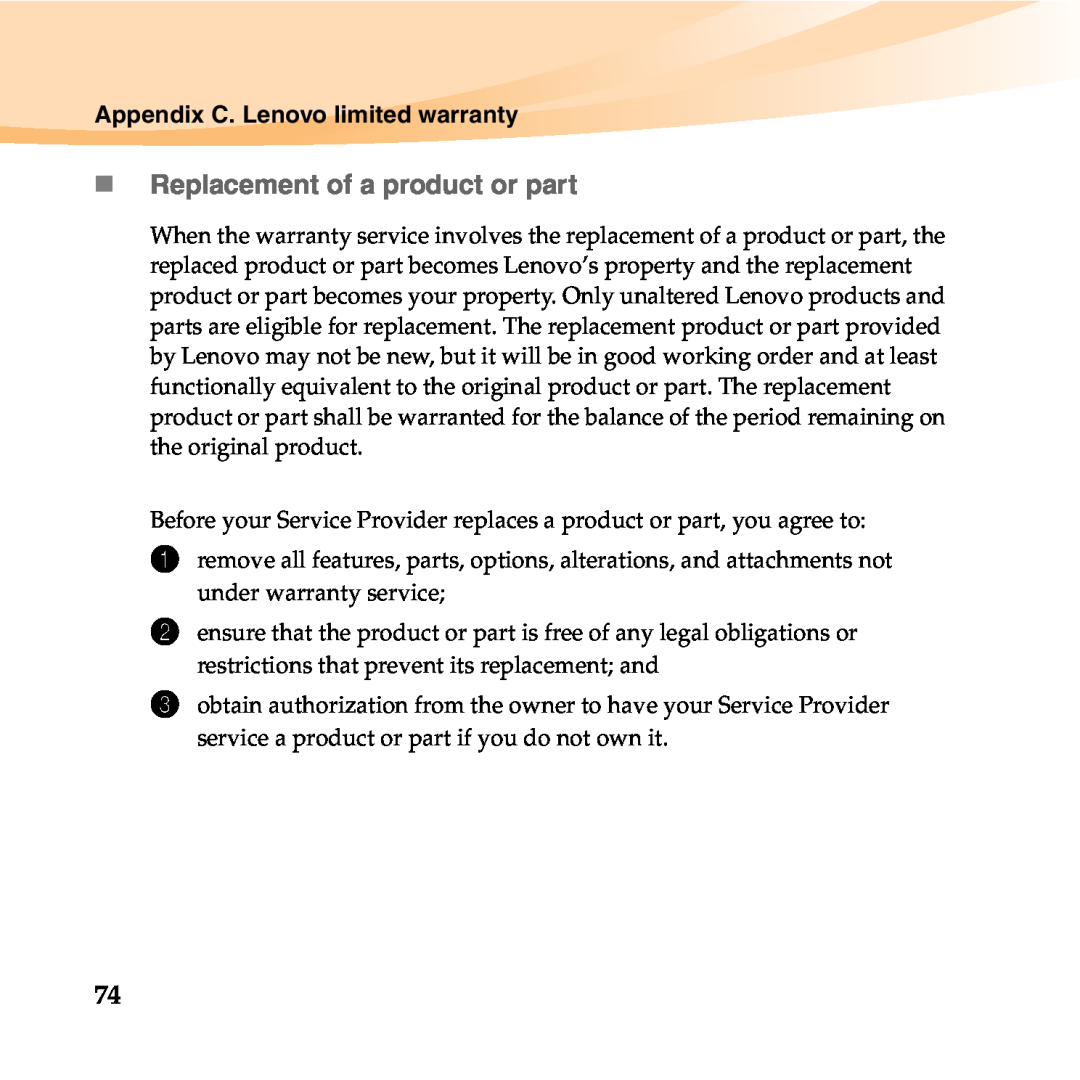 Lenovo 06472BU manual „ Replacement of a product or part, Appendix C. Lenovo limited warranty 
