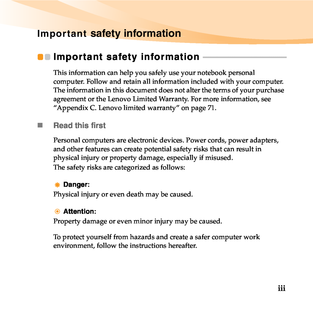 Lenovo 06472BU manual Important safety information, „ Read this first, Danger 