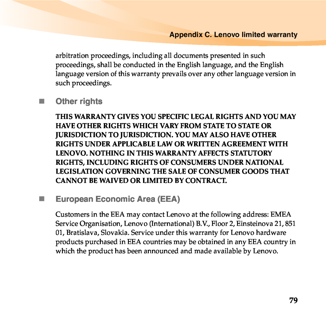 Lenovo 06472BU manual „ Other rights, „ European Economic Area EEA, Appendix C. Lenovo limited warranty 