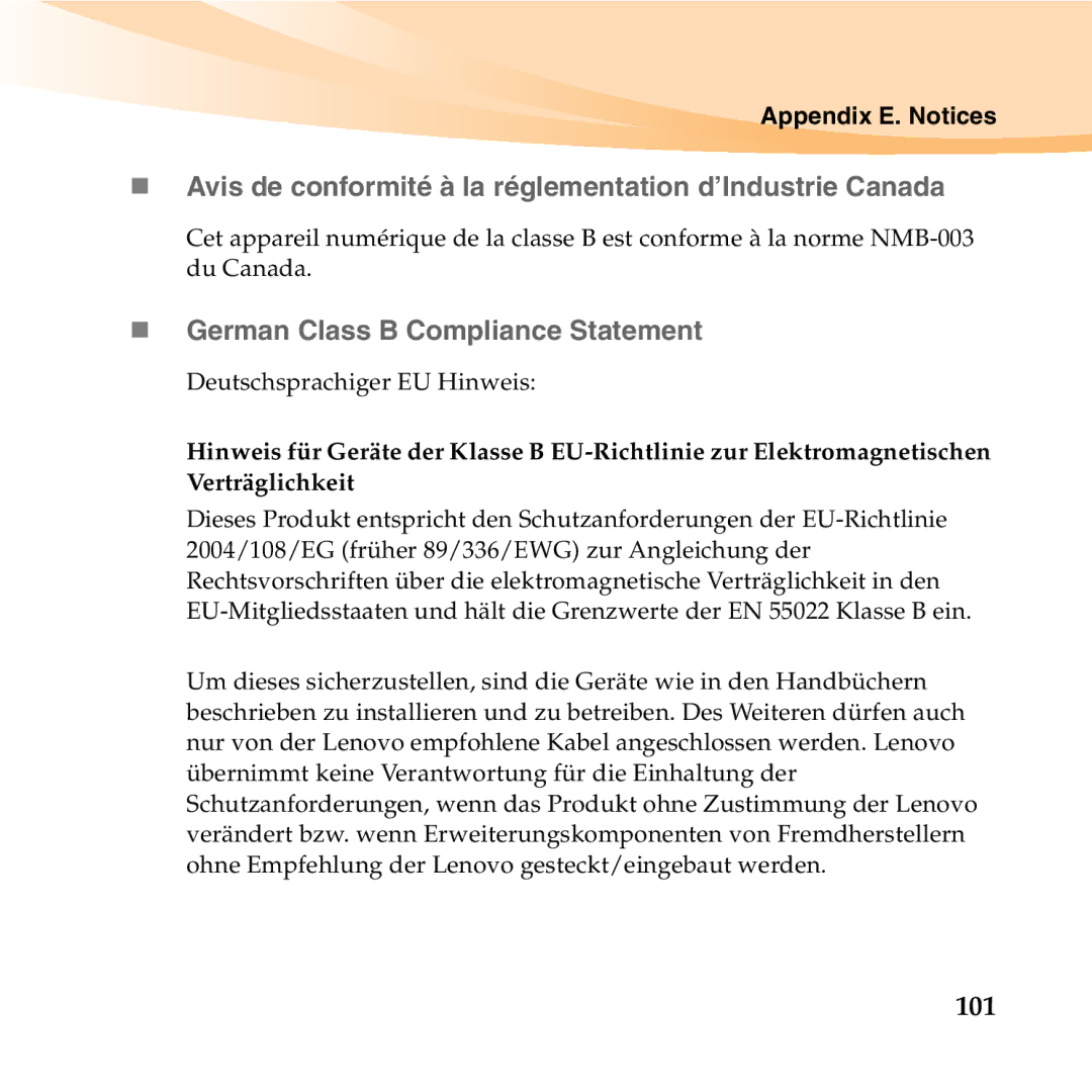 Lenovo 06472BU manual „ Avis de conformité à la réglementation d’Industrie Canada, „ German Class B Compliance Statement 