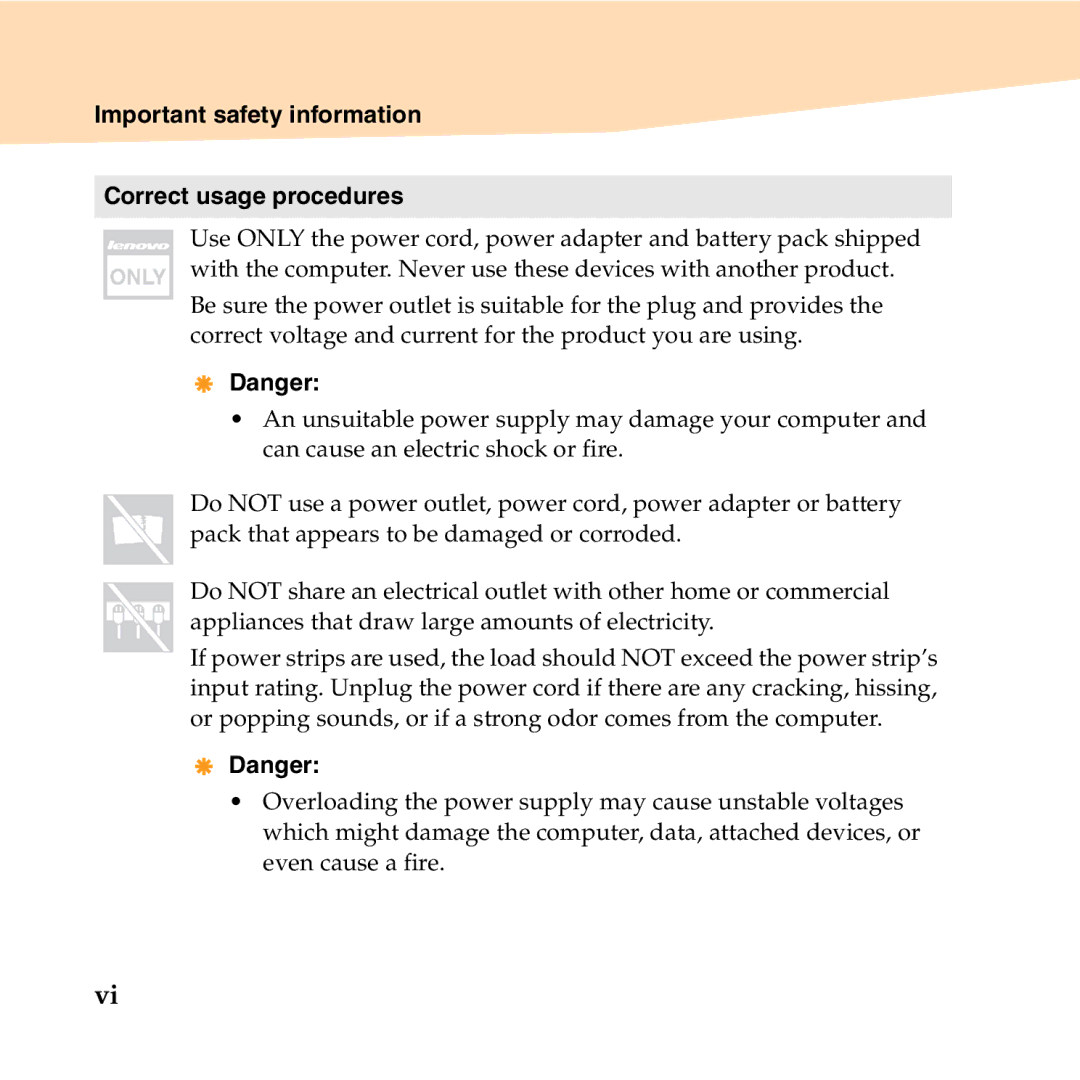 Lenovo 06472BU manual Important safety information Correct usage procedures 