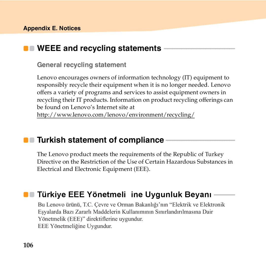 Lenovo 06472BU manual Weee and recycling statements, Turkish statement of compliance, „ General recycling statement 