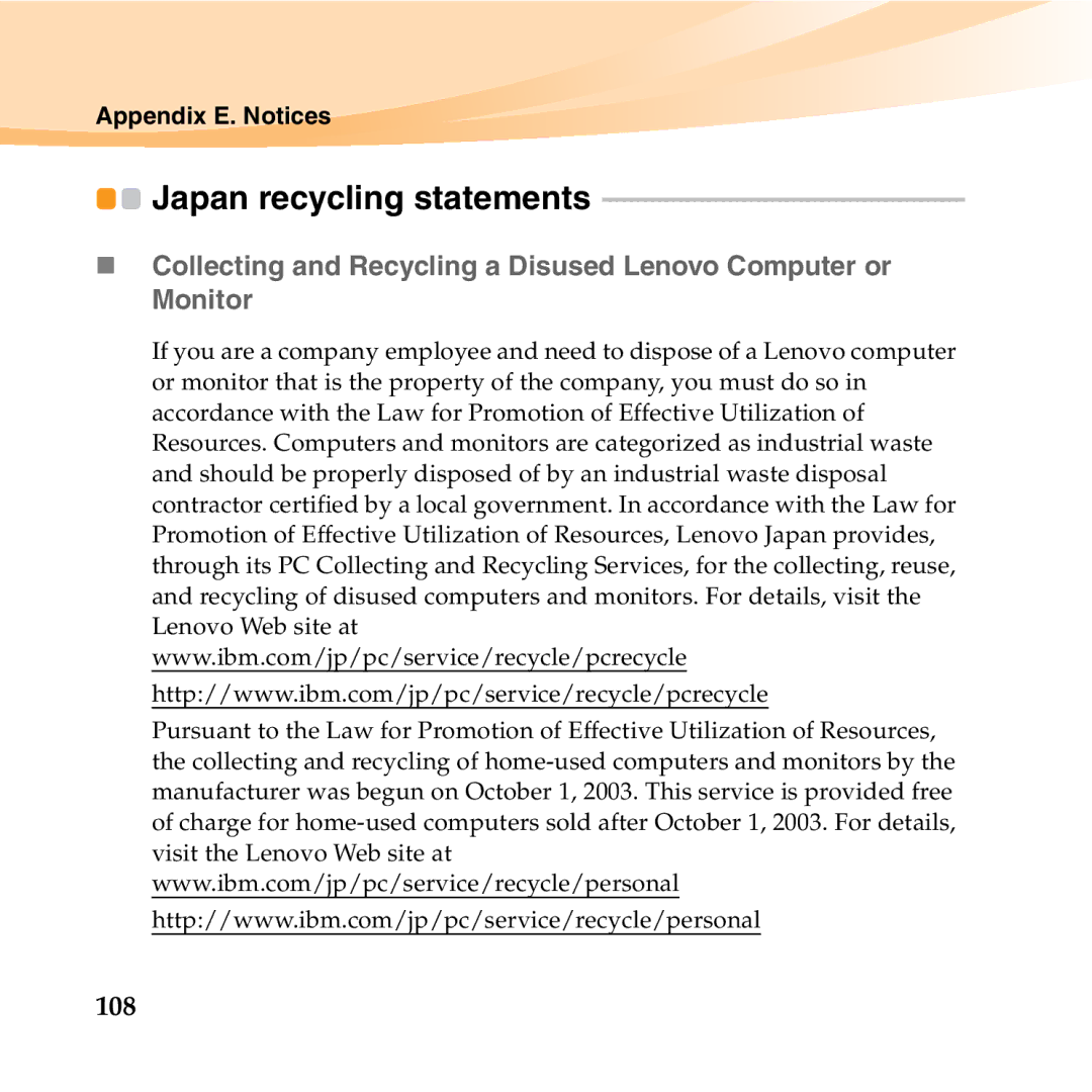 Lenovo 06472BU manual Japan recycling statements 