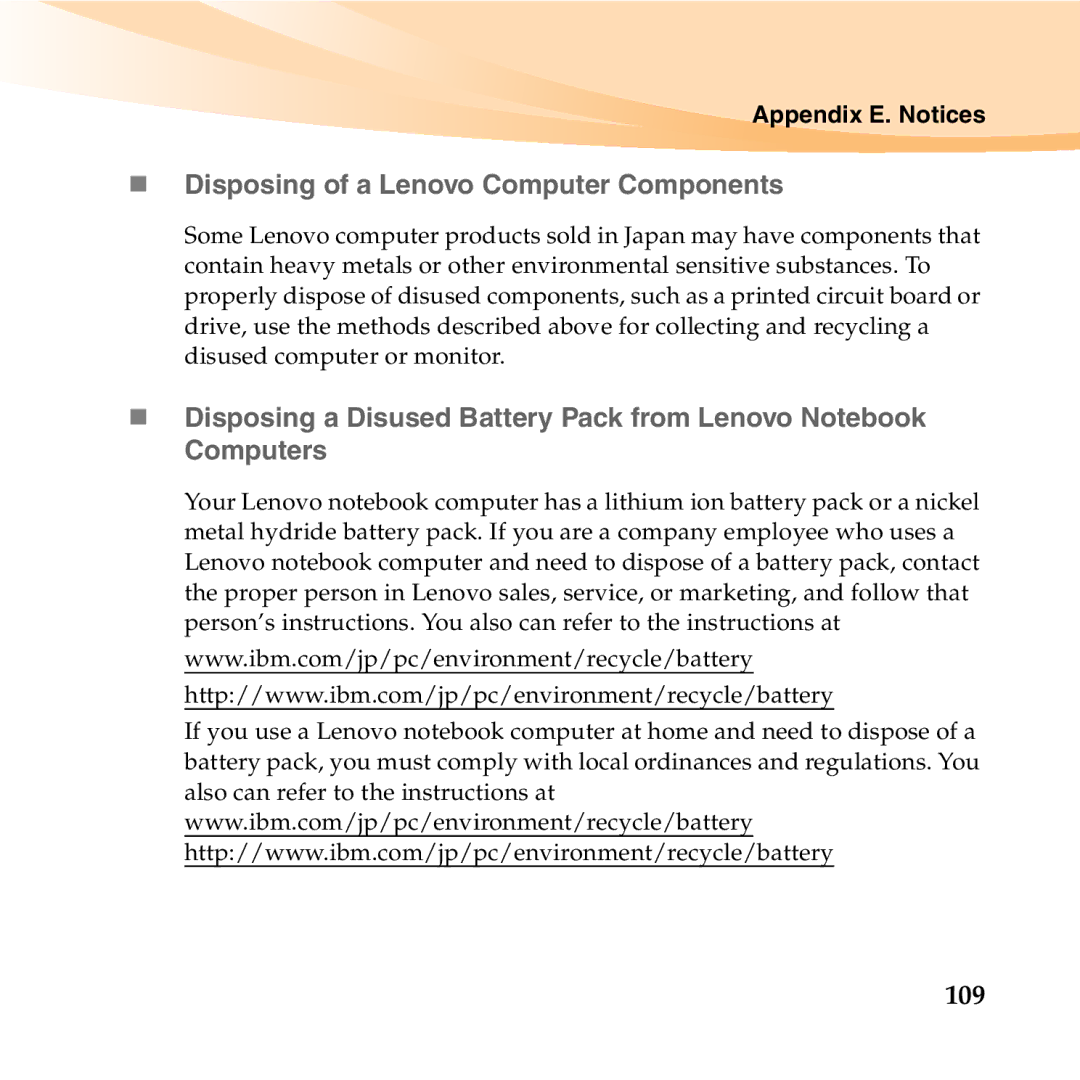 Lenovo 06472BU manual „ Disposing of a Lenovo Computer Components, 109 