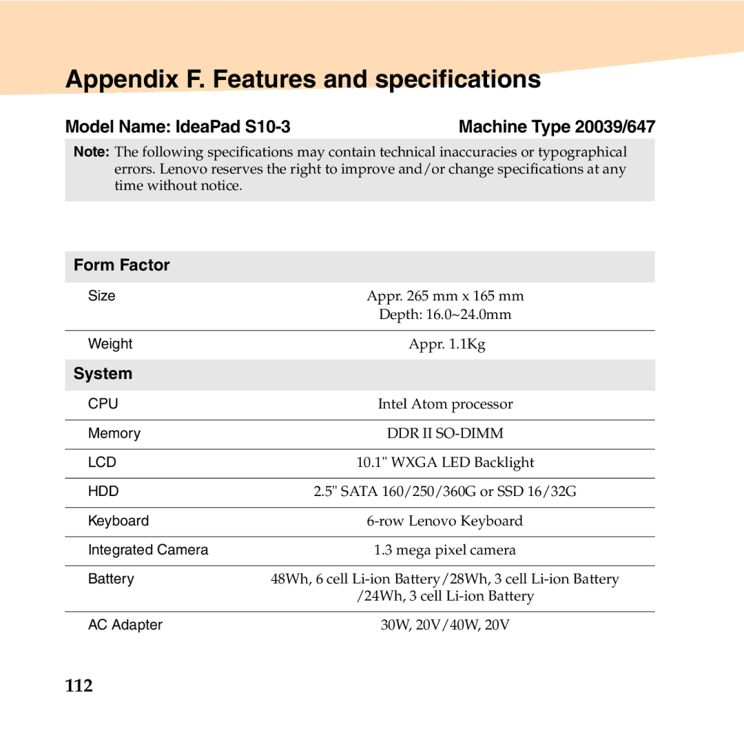 Lenovo 06472BU manual Appendix F. Features and specifications, Model Name IdeaPad S10-3, Form Factor, System 