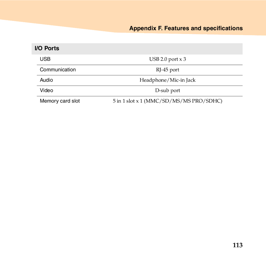 Lenovo 06472BU manual Appendix F. Features and specifications Ports, Usb 