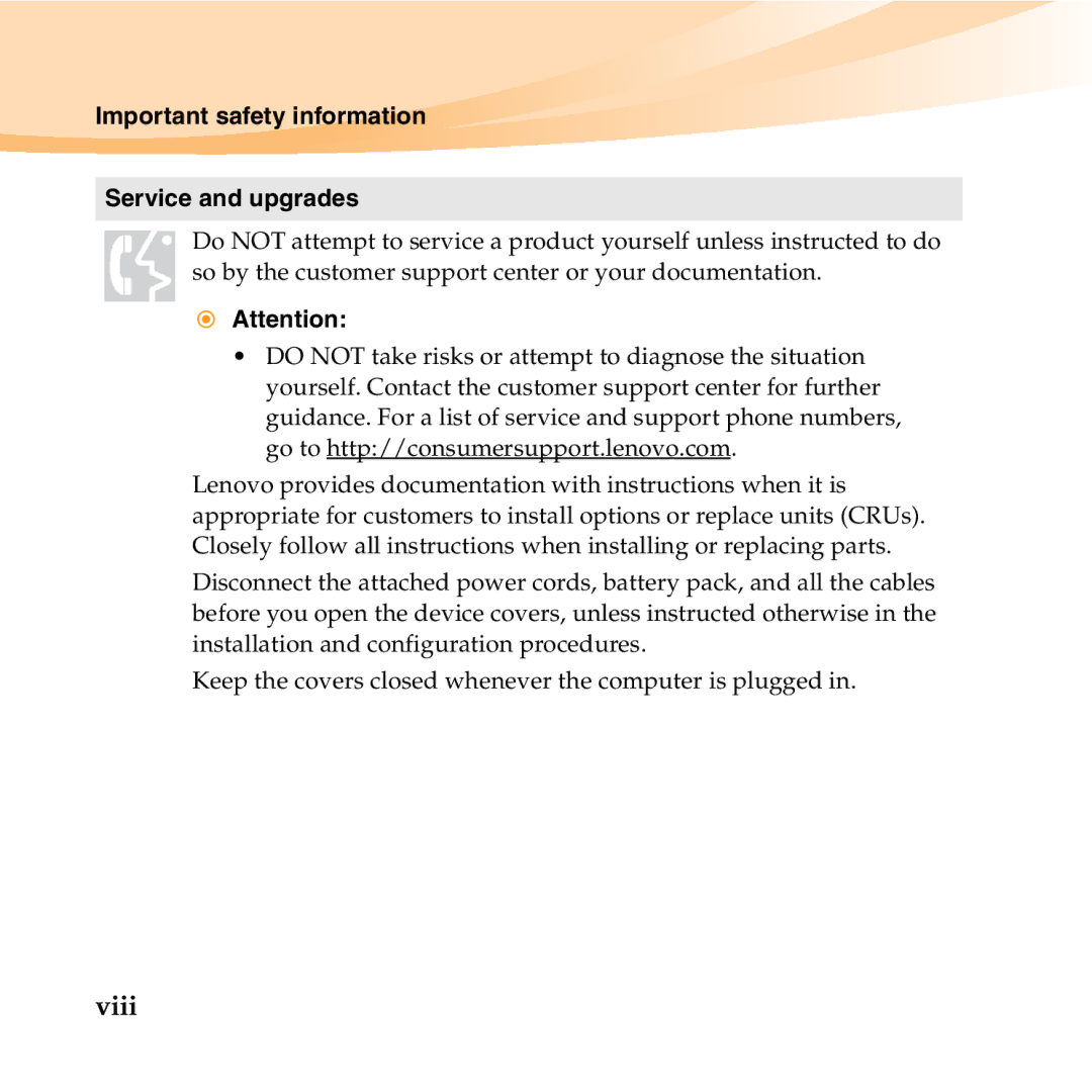 Lenovo 06472BU manual Important safety information Service and upgrades 