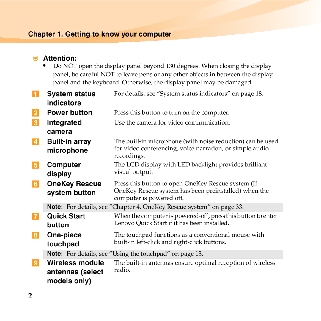 Lenovo 06472BU Getting to know your computer, Quick Start button One-piece touchpad, Wireless module, Antennas select 