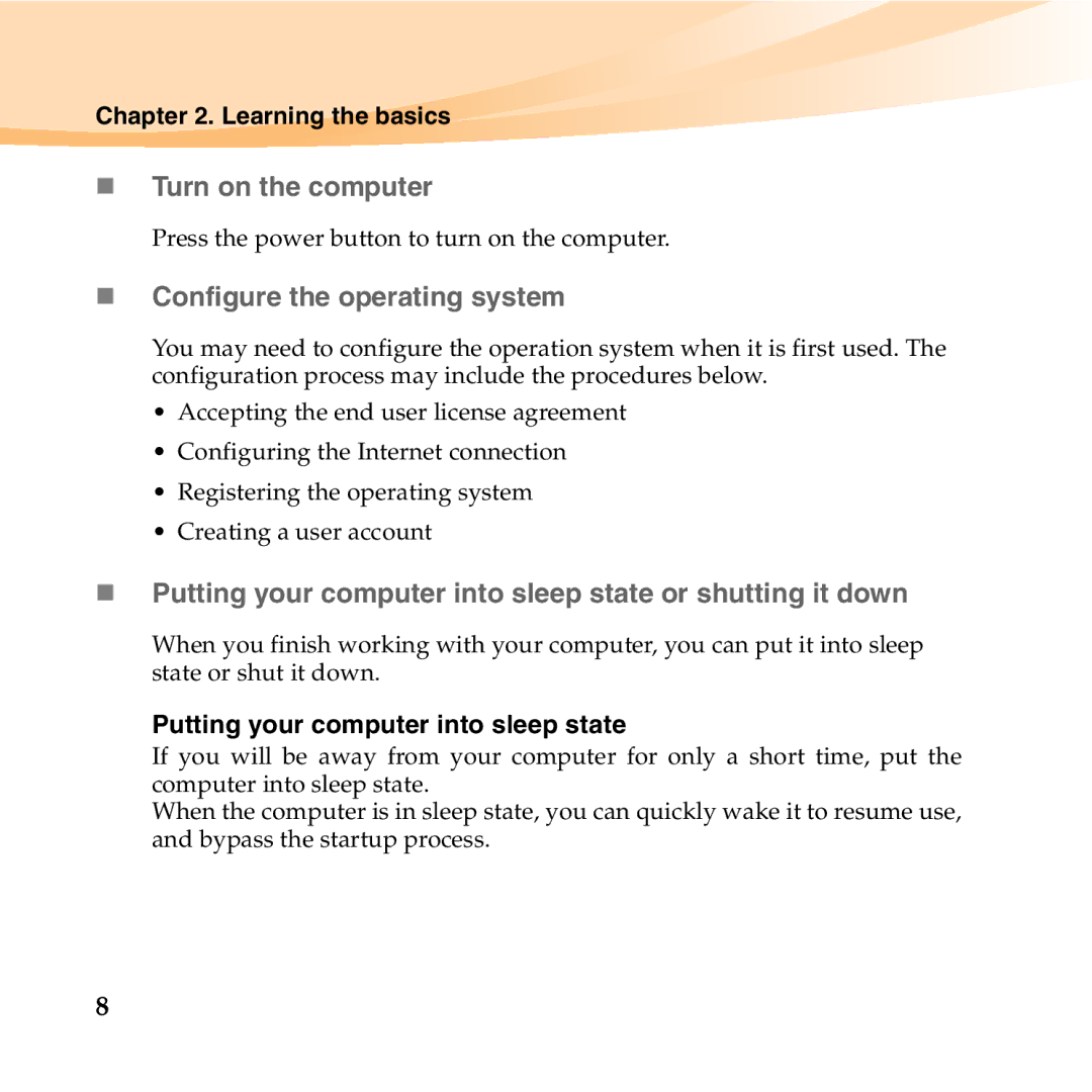 Lenovo 06472BU manual „ Turn on the computer, „ Configure the operating system, Learning the basics 