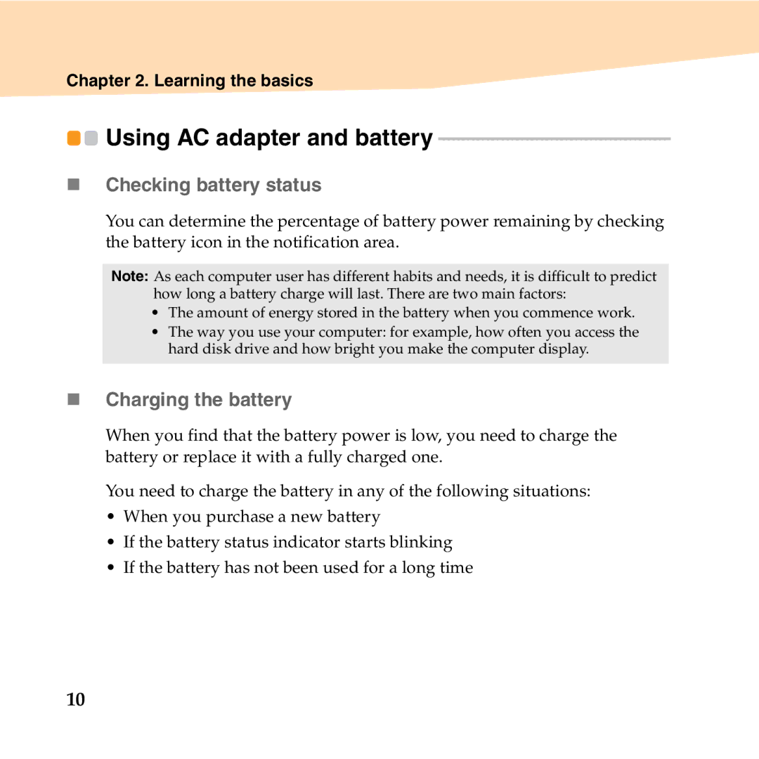 Lenovo 06472BU manual Using AC adapter and battery, „ Checking battery status, „ Charging the battery 