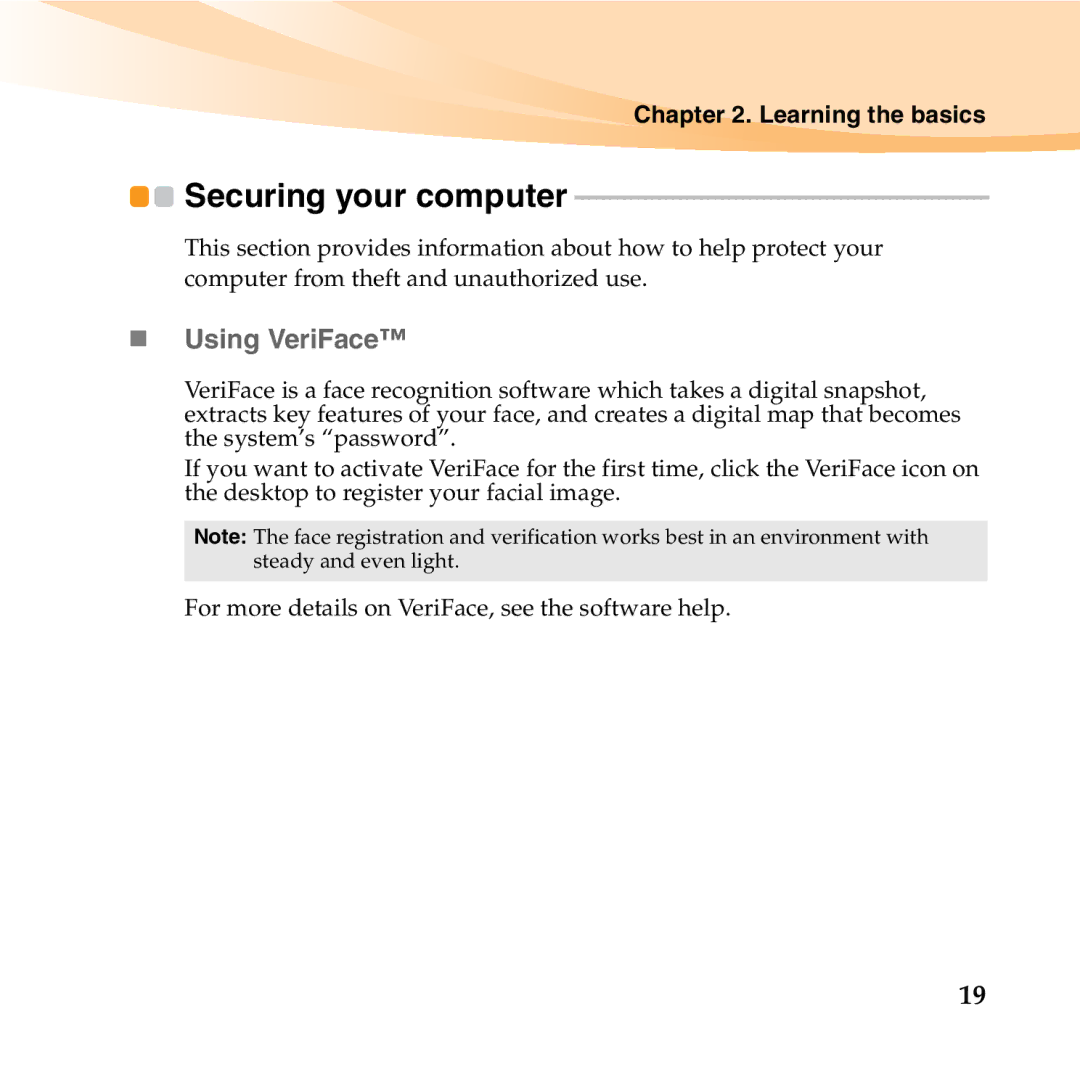 Lenovo 06472BU manual Securing your computer, „ Using VeriFace 