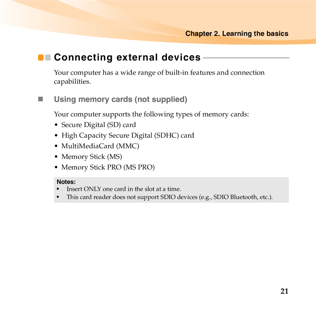 Lenovo 06472BU manual Connecting external devices, „ Using memory cards not supplied 