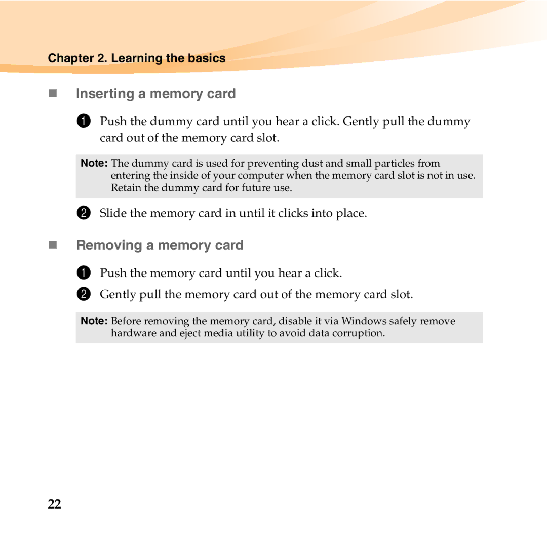 Lenovo 06472BU manual „ Inserting a memory card, „ Removing a memory card 