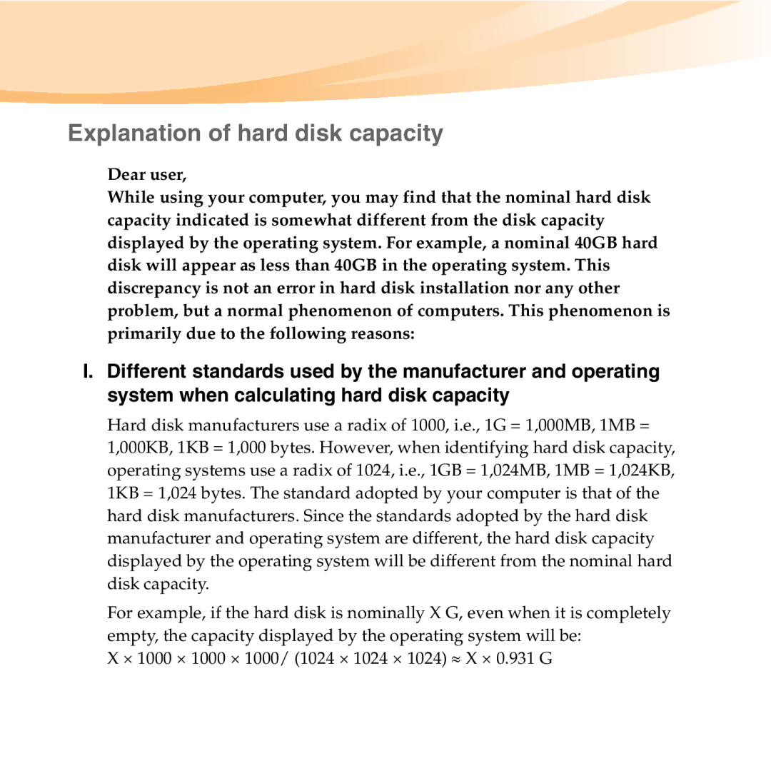 Lenovo 06472BU manual Explanation of hard disk capacity 