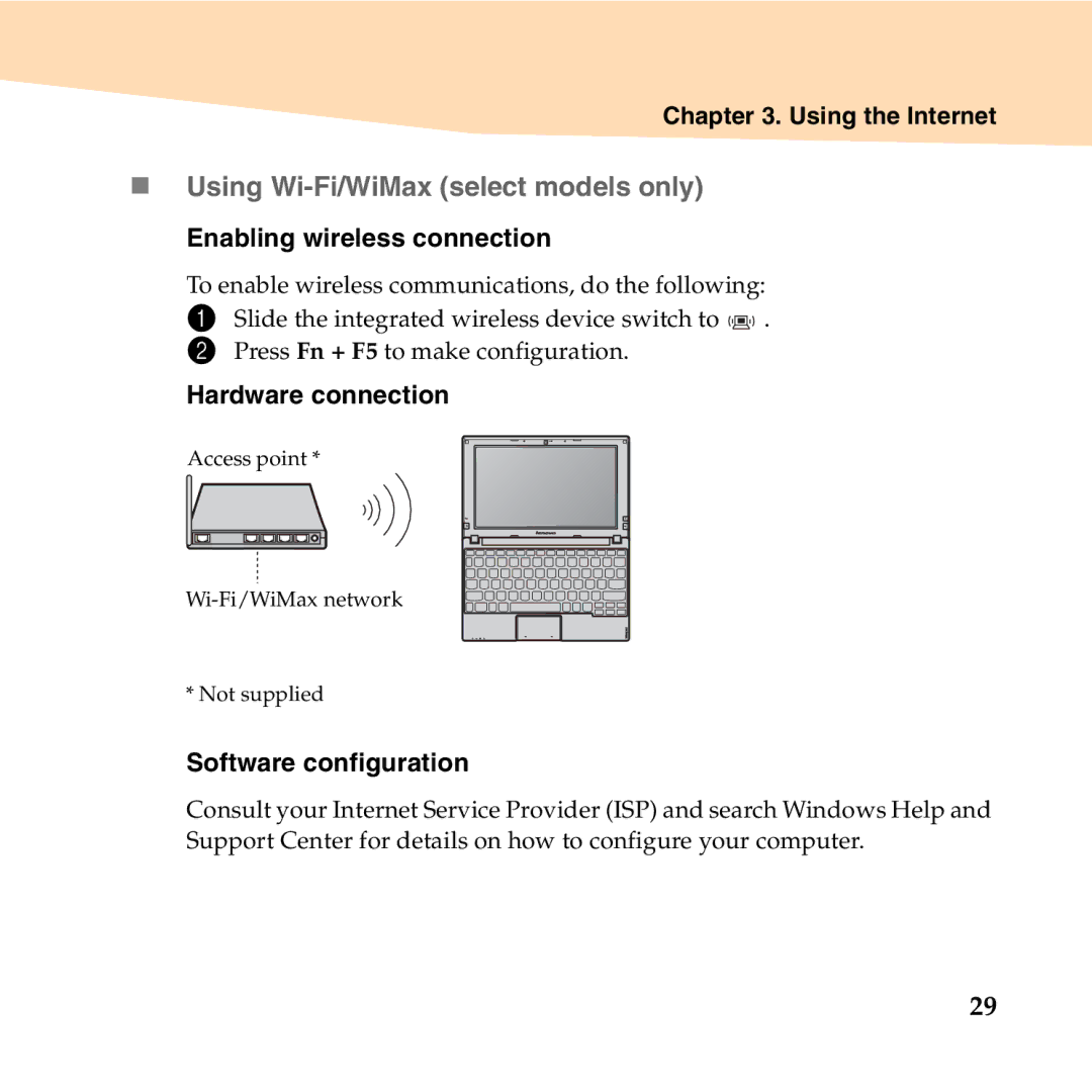 Lenovo 06472BU manual „ Using Wi-Fi/WiMax select models only, Enabling wireless connection, Hardware connection 