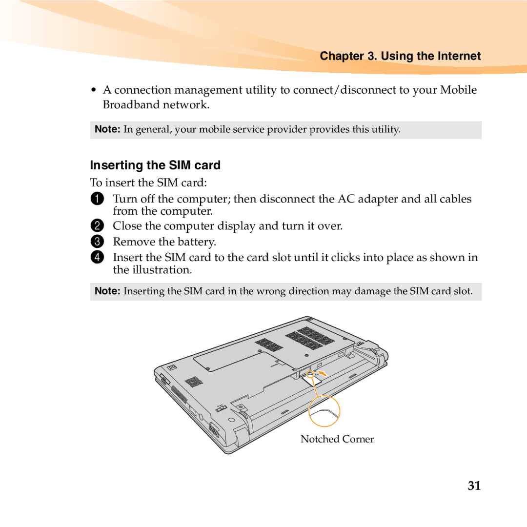 Lenovo 06472BU manual Inserting the SIM card 