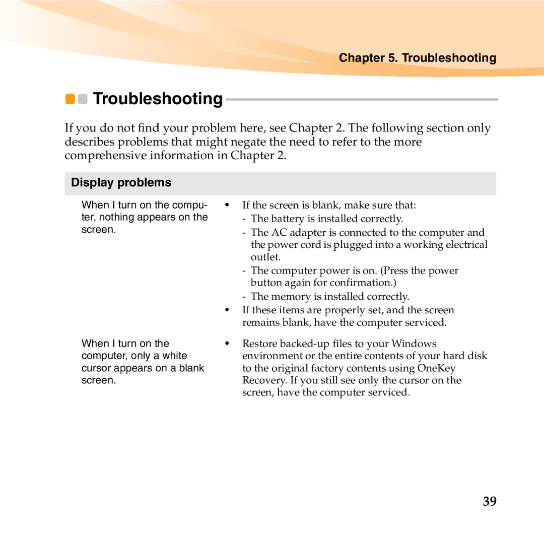 Lenovo 06472BU manual Troubleshooting, Display problems 