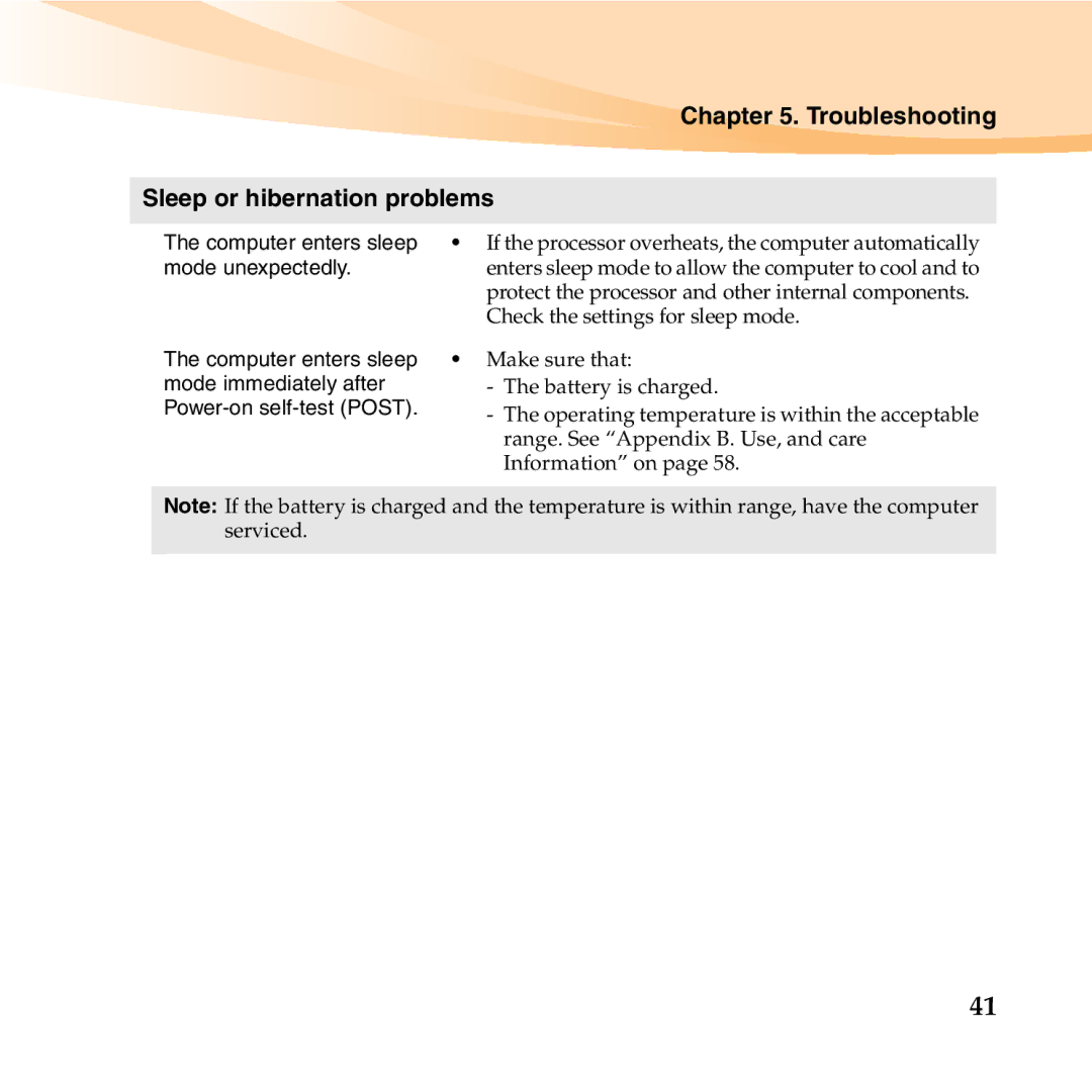 Lenovo 06472BU manual Troubleshooting Sleep or hibernation problems, Mode unexpectedly 