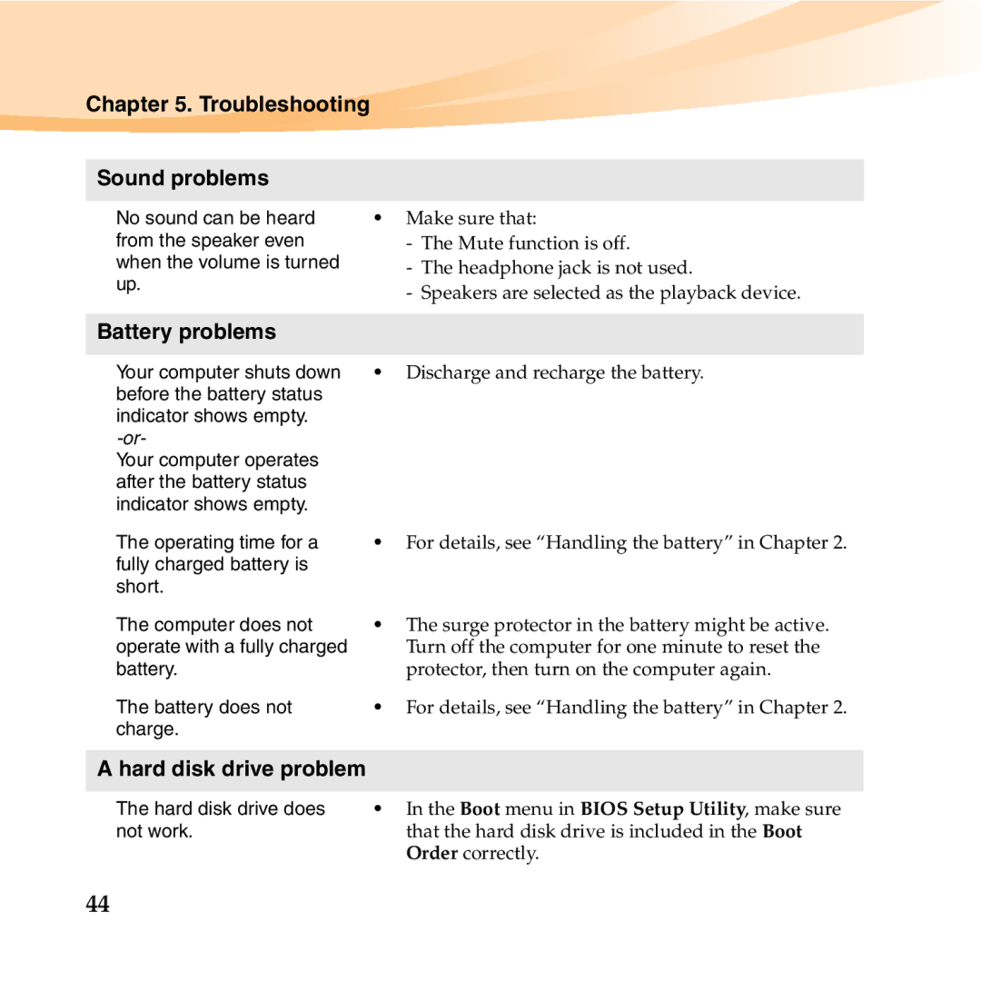 Lenovo 06472BU manual Troubleshooting Sound problems, Battery problems, Hard disk drive problem 